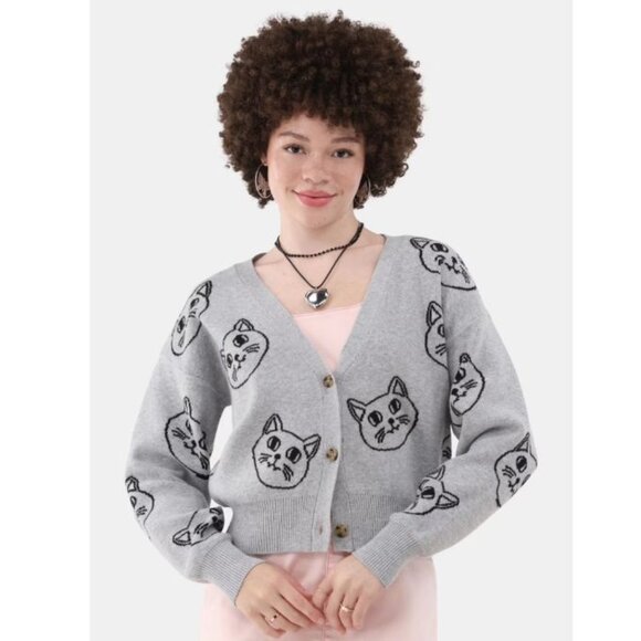 V-Neck Grey Cat Kitten Face Cropped Cardigan - XXS - Picture 9 of 12